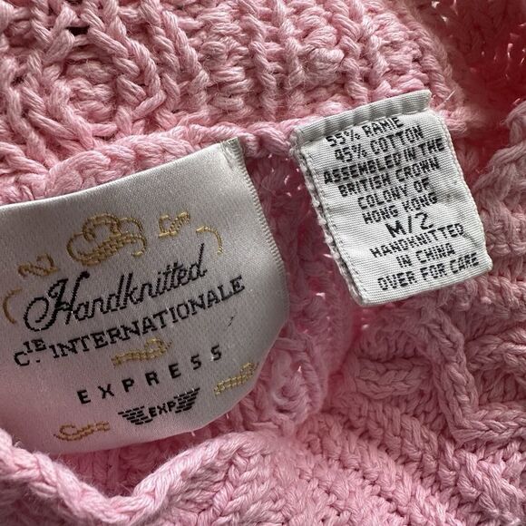 Vintage Express Hand Knitted Sweater Pom Pom Knit Mock Neck Pink Women’s Size M - Picture 9 of 12